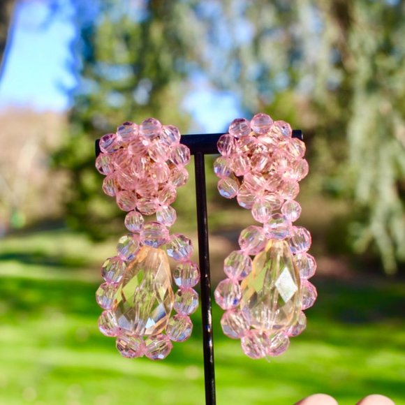 New Clear Crystal Acrylic Dangle Drop Earrings Pink Big Dangle Fresh Spring - Picture 13 of 13